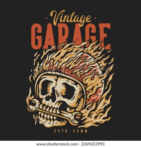 T Shirt Design Vintage Garage With On Fire Skull Wearing Helmet Vintage Illustration