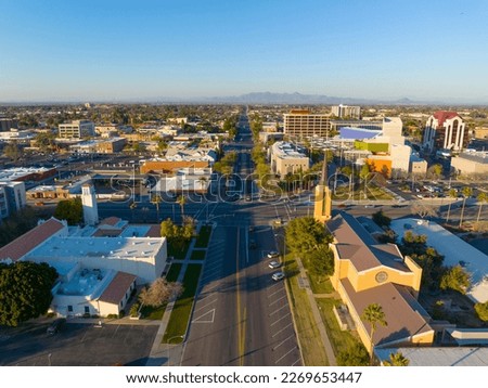 Mesa city center aerial view including Church of Jesus Christ of Latter day Saints and First United Methodist Church on Center Street at 1st Avenue at sunset, Mesa, Arizona AZ, USA.  Royalty-Free Stock Photo #2269653447