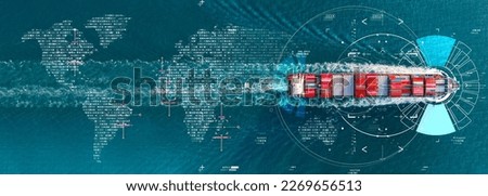 Technology Cargo Container Ship Futuristic Global Logistics international delivery concept, World map logistic and supply chain network distribution container export import to customs technology. Royalty-Free Stock Photo #2269656513