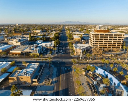 Mesa city center aerial view on Center Street at Main Street at sunset, Mesa, Arizona AZ, USA.  Royalty-Free Stock Photo #2269659365