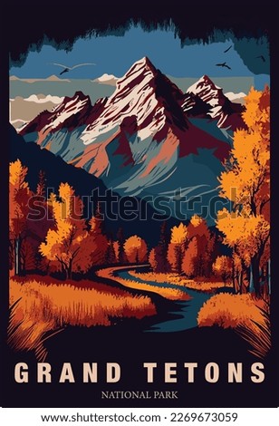 Vector illustration of colorful Grand Tetons national park poster. Royalty-Free Stock Photo #2269673059