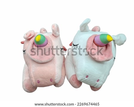 Two cute unicorn dolls on isolated white background