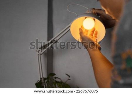 Electric LED Lightbulb Change In Light At Home. Handyman choosing between energy save and cheap incandescent lamp while changing light in the appartment