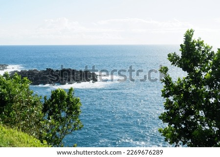 Beautiful blue ocean on a hill with rocks and trees on the shore