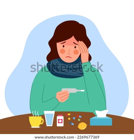 Woman suffering from flu or cold. She has fever and reading thermometer with tissue paper and medicine on table. Flu or cold allergy symptom. Royalty-Free Stock Photo #2269677369