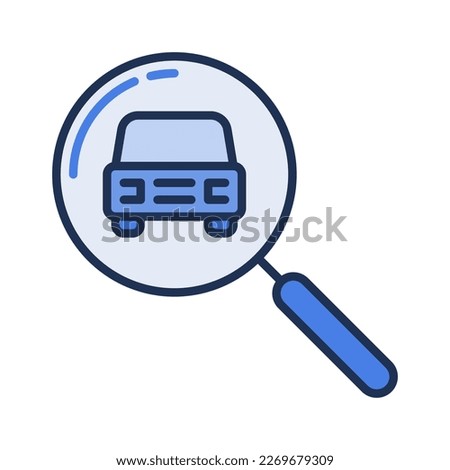 Magnifying Glass with Car vector Car Rental Search concept blue icon or logo element