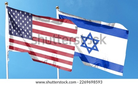 American flag and Israeli flag on cloudy sky. waving in the sky Royalty-Free Stock Photo #2269698593