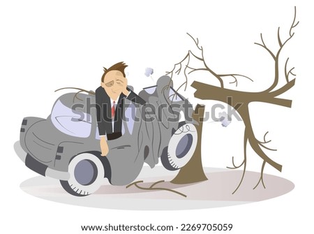 Car smashed into a tree. 
Man in the crashed car smashed into a tree. Isolated on white background
