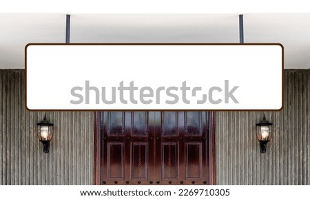 Outdoor hanging sign billboard with mock up white screen entrance to restaurant Royalty-Free Stock Photo #2269710305