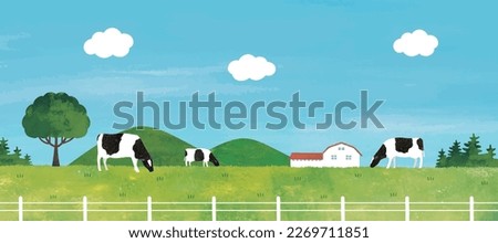 Scenery of cows and pasture watercolor Royalty-Free Stock Photo #2269711851