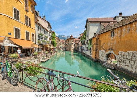 The medieval city of Annecy, July 2019, France. Annecy, France, July, 17, 2019 Houses and street life in the famous medieval part of the city of Annecy, Department of Upper Savoy, France..