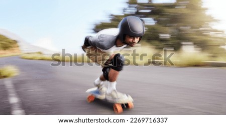 Skateboard, fast and mountain with man in road for speed, freedom and summer break. Sports, adventure and motion blur with guy skating in urban street for training, gen z and balance in nature