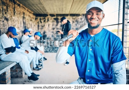 Baseball player, black man portrait and sports stadium dugout with softball team at ball game. Training, exercise and motivation of a young athlete from Dallas with a smile for fitness workout