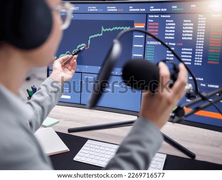 Stock market podcast, microphone and digital graph of investment growth with radio presenter. Fintech influencer, stocks chat and trading information communication of social media online speaker