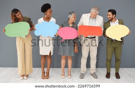 Feedback, survey and mockup with business people and speech bubble for voice, social media and forum. Opinion, vote and branding with group and chat sign for idea, communication and text message icon Royalty-Free Stock Photo #2269716599
