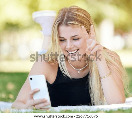 Relax, peace sign or girl for selfie in park with smile for online meme, profile picture or social media. Search, photo or woman with 5g smartphone for networking, communication or funny blog outdoor