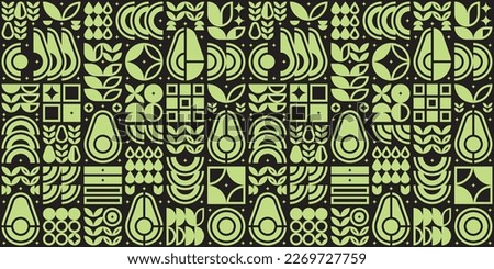 Abstract artwork of avocado pattern icon. Simple flat vector art, illustration symbol of cut avocado, seed, flower, leaf, in silhouette. Modern geometric background design, fruit and vegetable theme. Royalty-Free Stock Photo #2269727759