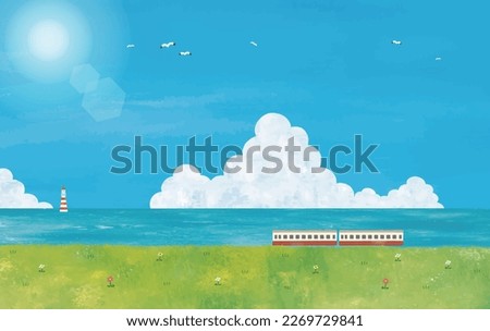 Landscape watercolor of summer sea, meadow and train Royalty-Free Stock Photo #2269729841