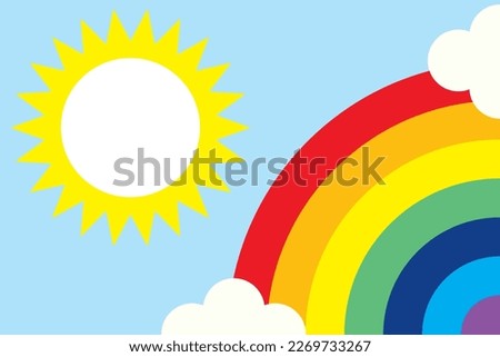The rainbow and the sun show against the blue sky. Abstract pattern, colorful cartoon graphics.