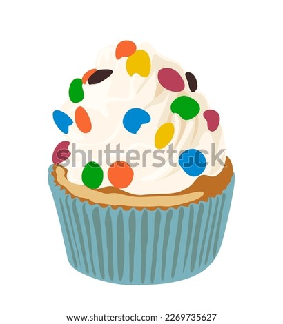 Blue Cupcake, muffin vector drawing on white.
