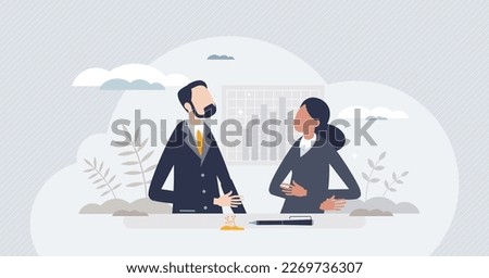 Man and woman partners characters in business environment tiny person concept. Official office suit outfit for businessman and businesswoman vector illustration. Confident leaders with financial data Royalty-Free Stock Photo #2269736307