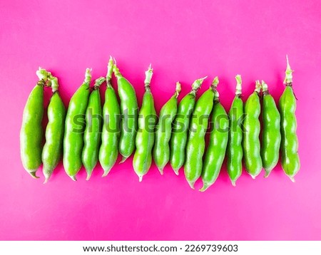 Green fresh raw broad beans on pink background. Top view, flat lay