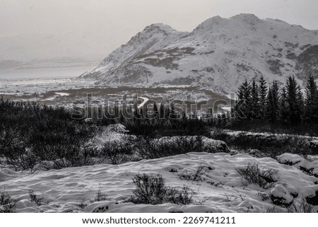Winter snow landscape Iceland with mountains