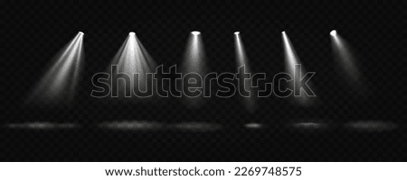 Set of vector spotlights. Collection of projector transparent light for stage lighting of podiums and stages.  Royalty-Free Stock Photo #2269748575
