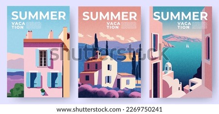 Summer nature landscape poster, cover, card set with sea view, summer fields, houses, mountains and typography design. Summer holidays, vacation travel in Europe illustrations.