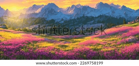 Panorama View of Spring Village with Green Meadow on Hills with Blue Sky, Vector Cartoon Spring or Summer Landscape, Panoramic Landscape Mountains with Wildflowers Wildflowers. spring background Royalty-Free Stock Photo #2269758199