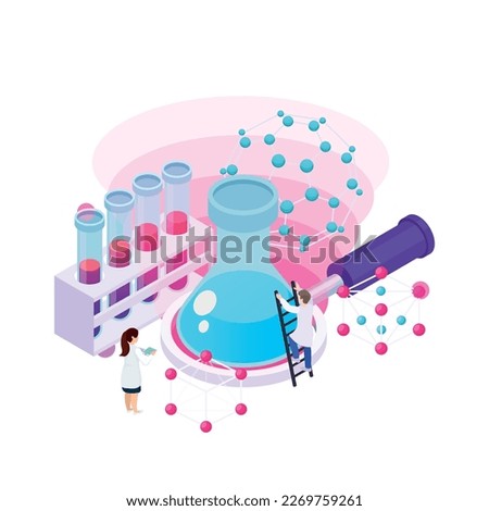 Nanotechnology isometric composition with icons of atoms lab equipment and human characters of scientists vector illustration