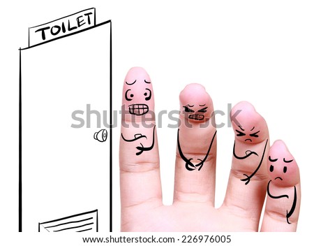 group of people queued in the toilet with drawing fingers concept