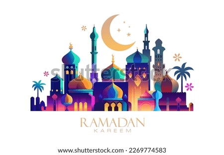Ramadan Kareem greeting card or banner vector illustration of lantern Fanus. the Muslim feast of the holy month of Ramadan Kareem. Translation from Arabic: Generous Ramadan mosque, crescent wallpaper Royalty-Free Stock Photo #2269774583