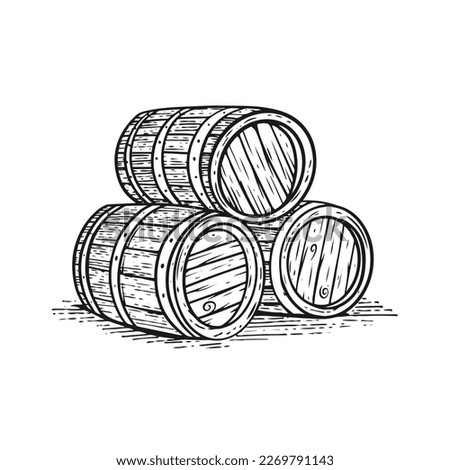 Barrels stacked black color engraving style vector illustration isolated on white background.