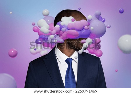 Funky pink purple collage of groomed metrosexual business man with water floating blobs apply shaving foam balm Royalty-Free Stock Photo #2269791469
