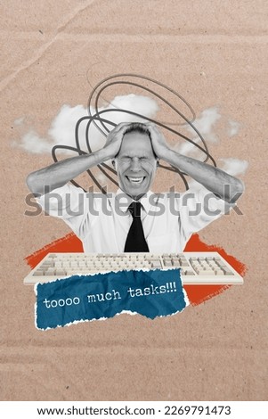 Banner poster collage of overwhelmed business worker feel fatigue too many different urgent tasks work pc computer