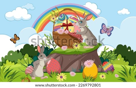 Easter Eggs with Cute Bunny in Grassy Field illustration