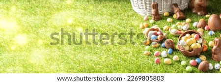 Easter egg hunting background. Various candy and chocolate Easter eggs, bunny and rabbits with basket for eggs on green grass park or garden background Royalty-Free Stock Photo #2269805803