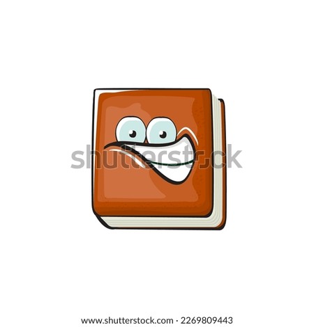 Book character. Cartoon brown paper book character isolated on white background. Funky book character with eyes and mouth. Vector brown book clip art, emoji, label and sticker