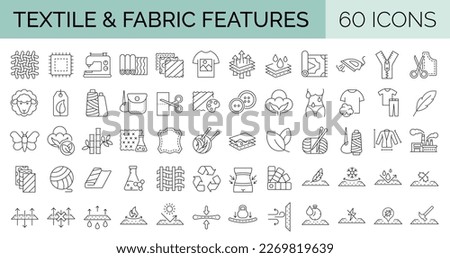 Set of 60 line icons related to textile industry, fabric feather. Editable stroke. Vector illustration