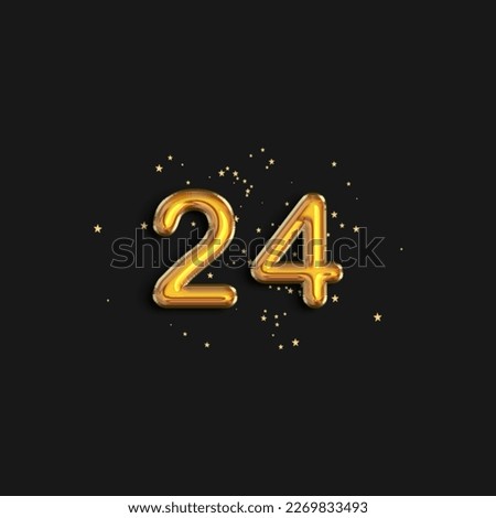 Greeting twenty four years anniversary celebration. Birthday number 24 gold foil balloons. Anniversary sign for happy holiday, celebration, birthday. Golden numbers with sparkling confetti star.