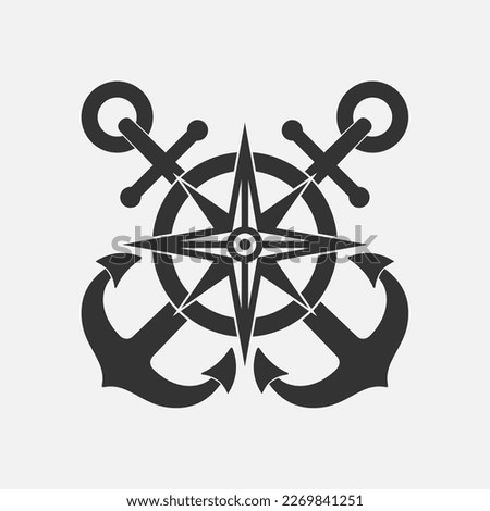 Nautical graphic icon. Compass with crossed anchors sign  isolated on white background. Vector illustration