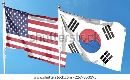 USA and South Korea twin waving flags with textured background Royalty-Free Stock Photo #2269853195