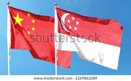 Singapore flag and China flag with clipping path isolated on white background. Shut down that waving flag. symbol. Frame with empty space for your text