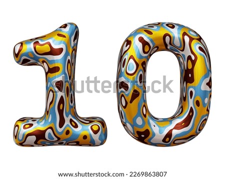 Colorful number 10 isolated on white background in 3d rendering. Balloon glossy numbers for math, business and education concept.