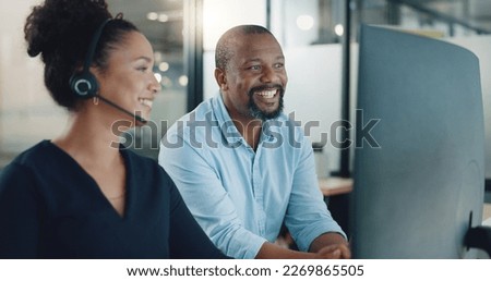 Call center, black man and training woman, telemarketing intern and crm customer service consultant on computer software in office agency. Business people, sales mentor and coaching for tech solution Royalty-Free Stock Photo #2269865505