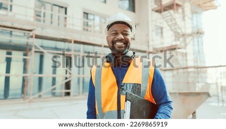 Construction, black man and clipboard, building and inspection, manage work at job site, construction worker and inspector smile in portrait. Engineer, builder and scaffolding for renovation. Royalty-Free Stock Photo #2269865919