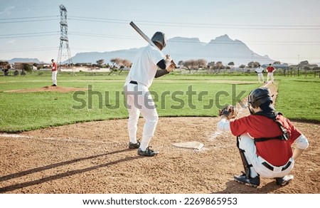 Baseball batter, game or sports man on field at competition, training match on a stadium pitch. Softball exercise, fitness workout or back view of players playing outdoors on grass field in summer