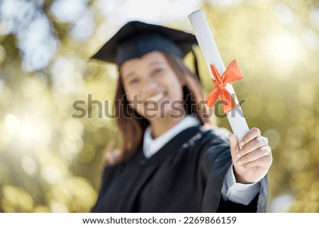Portrait, degree and woman outdoor, graduation and knowledge with happiness, success and university. Face, happy female student and academic with document, celebration and achievement with education