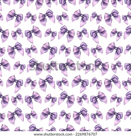 Lilac, satin bows on a white background. Watercolor illustration. Seamless pattern from the LAVENDER SPA collection. For decoration and design of fabrics, textiles, wallpaper, packaging paper
